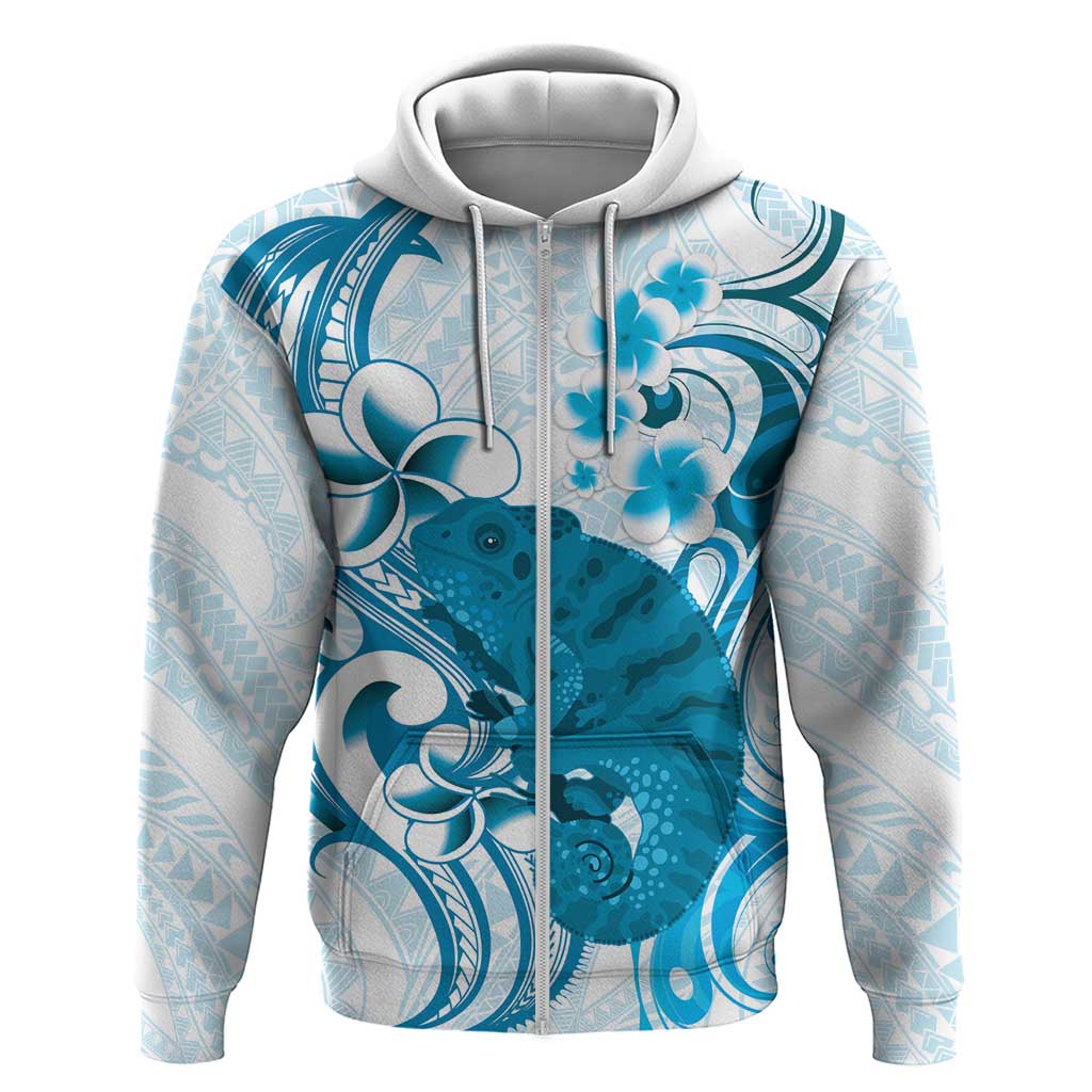 Cyan And White Hawaii Chameleon Zip Hoodie Plumeria Polynesian Tribal Art LT14 Zip Hoodie Cyan - Polynesian Pride