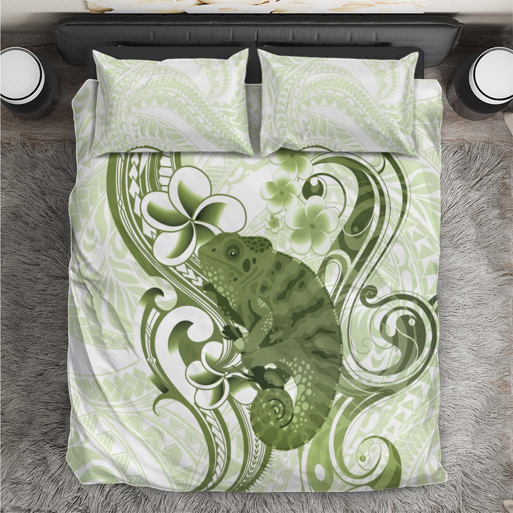 Green And White Hawaii Chameleon Bedding Set Plumeria Polynesian Tribal Art