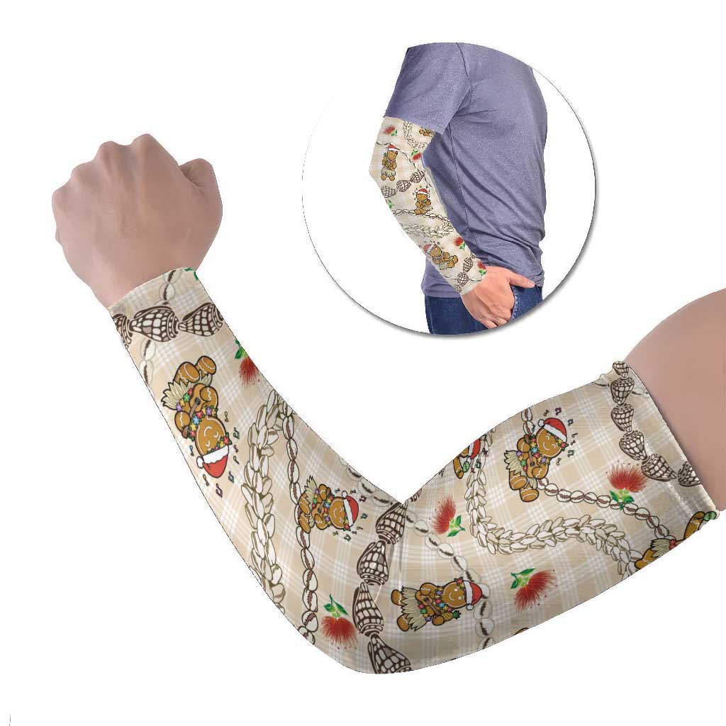 Beige Palaka Hawaii Mele Kalikimaka Arm Sleeves Ohia Lehua Shell Leis Funny Gingerbread Santa LT14 Set of 2 Beige - Polynesian Pride