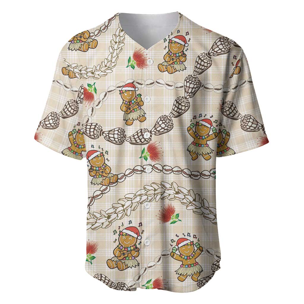 Beige Palaka Hawaii Mele Kalikimaka Baseball Jersey Ohia Lehua Shell Leis Funny Gingerbread Santa LT14 Beige - Polynesian Pride