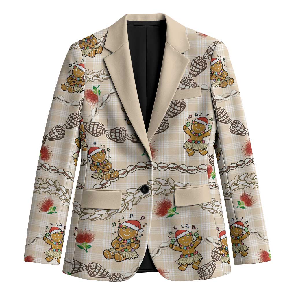 Beige Palaka Hawaii Mele Kalikimaka Blazer Ohia Lehua Shell Leis Funny Gingerbread Santa LT14 Unisex Beige - Polynesian Pride