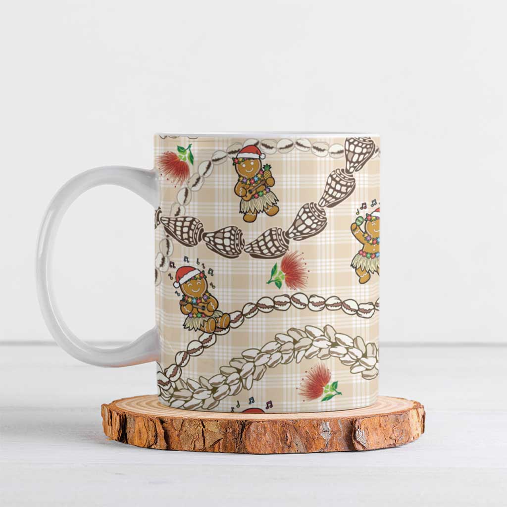 Beige Palaka Hawaii Mele Kalikimaka Ceramic Mug Ohia Lehua Shell Leis Funny Gingerbread Santa LT14 Beige - Polynesian Pride