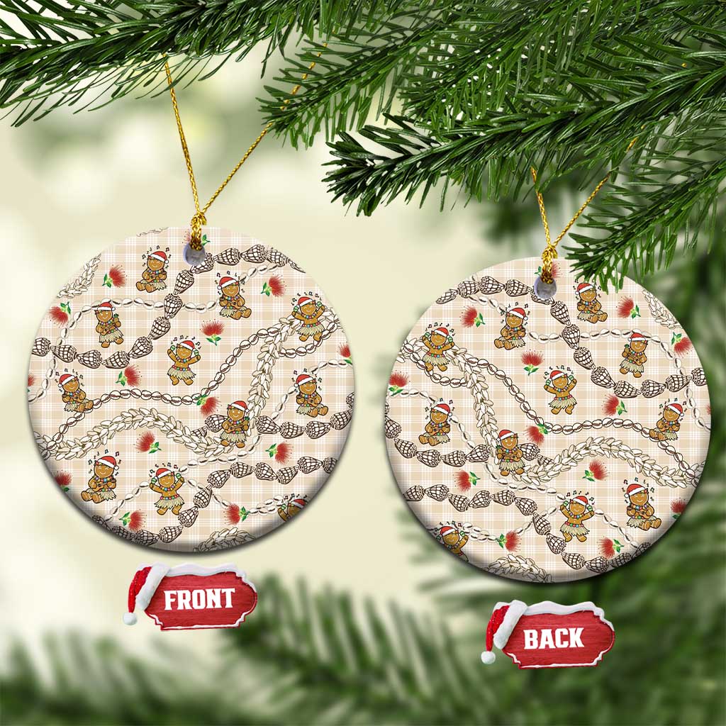 Beige Palaka Hawaii Mele Kalikimaka Ceramic Ornament Ohia Lehua Shell Leis Funny Gingerbread Santa LT14 Circle Beige - Polynesian Pride