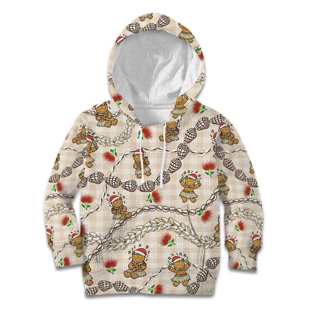 Beige Palaka Hawaii Mele Kalikimaka Kid Hoodie Ohia Lehua Shell Leis Funny Gingerbread Santa LT14 Hoodie Beige - Polynesian Pride