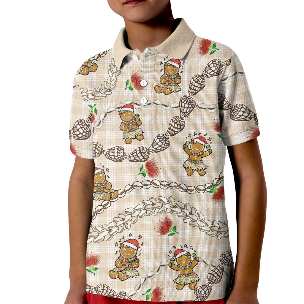 Beige Palaka Hawaii Mele Kalikimaka Kid Polo Shirt Ohia Lehua Shell Leis Funny Gingerbread Santa LT14 Kid Beige - Polynesian Pride