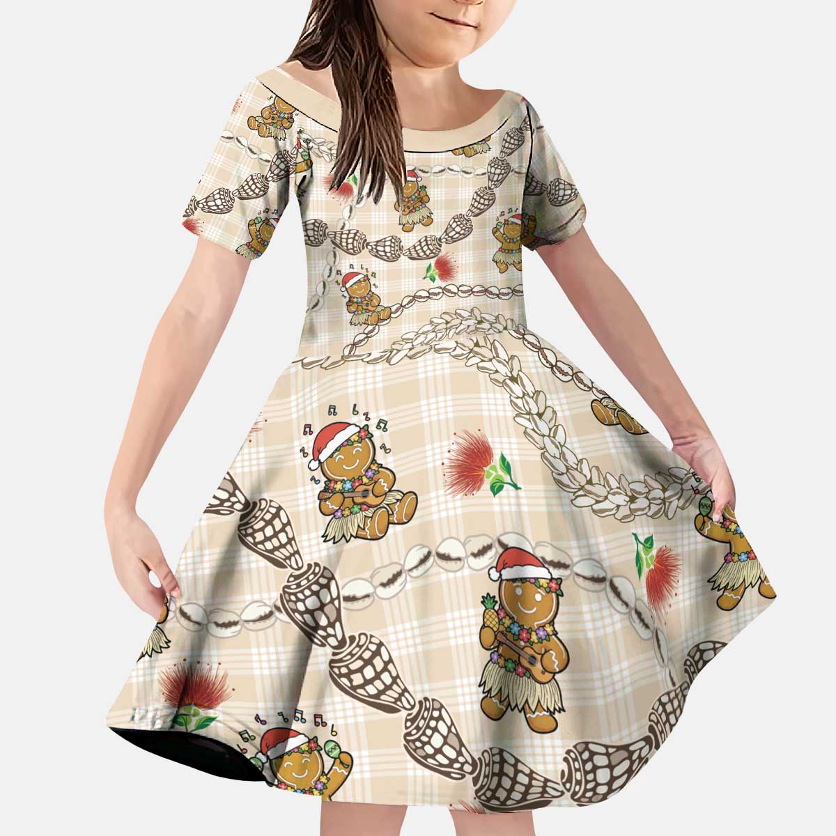 Beige Palaka Hawaii Mele Kalikimaka Kid Short Sleeve Dress Ohia Lehua Shell Leis Funny Gingerbread Santa LT14 KID Beige - Polynesian Pride