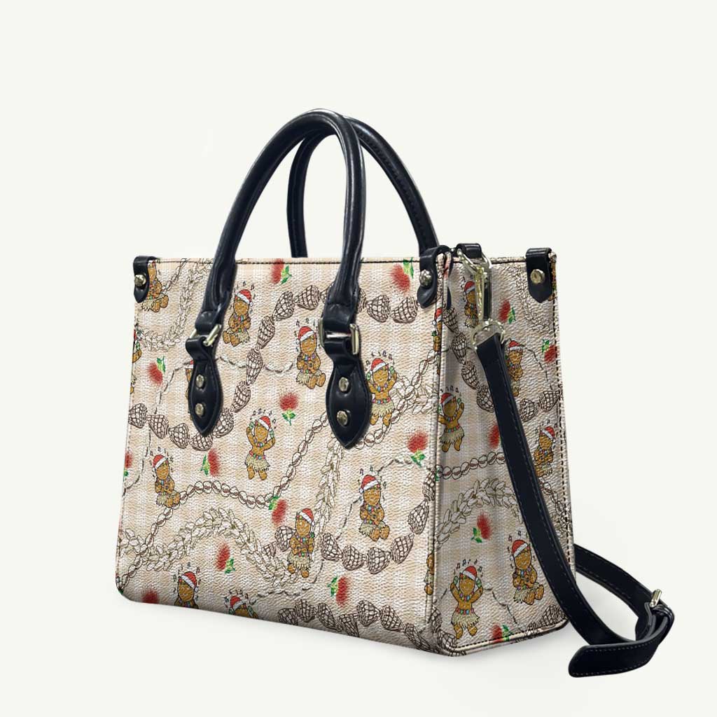 Beige Palaka Hawaii Mele Kalikimaka Leather Bag Ohia Lehua Shell Leis Funny Gingerbread Santa LT14 Beige - Polynesian Pride