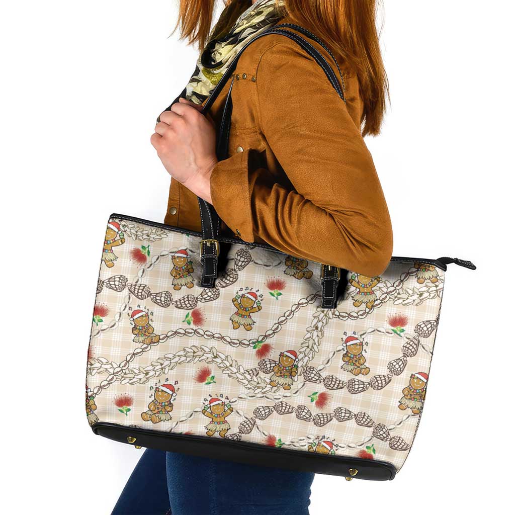 Beige Palaka Hawaii Mele Kalikimaka Leather Tote Bag Ohia Lehua Shell Leis Funny Gingerbread Santa LT14 Beige - Polynesian Pride
