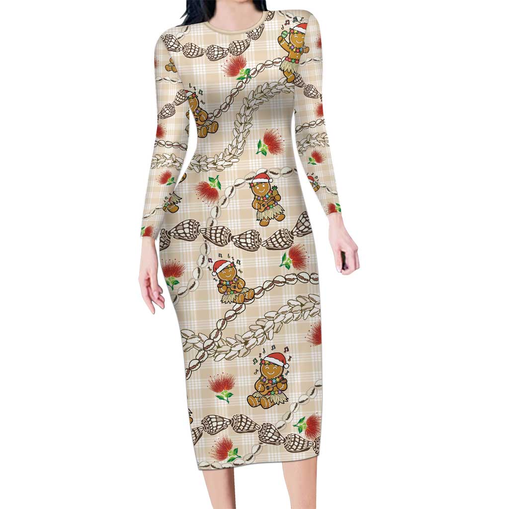 Beige Palaka Hawaii Mele Kalikimaka Long Sleeve Bodycon Dress Ohia Lehua Shell Leis Funny Gingerbread Santa LT14 Long Dress Beige - Polynesian Pride