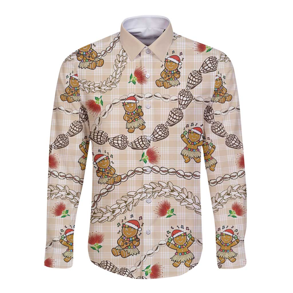 Beige Palaka Hawaii Mele Kalikimaka Long Sleeve Button Shirt Ohia Lehua Shell Leis Funny Gingerbread Santa LT14 Unisex Beige - Polynesian Pride