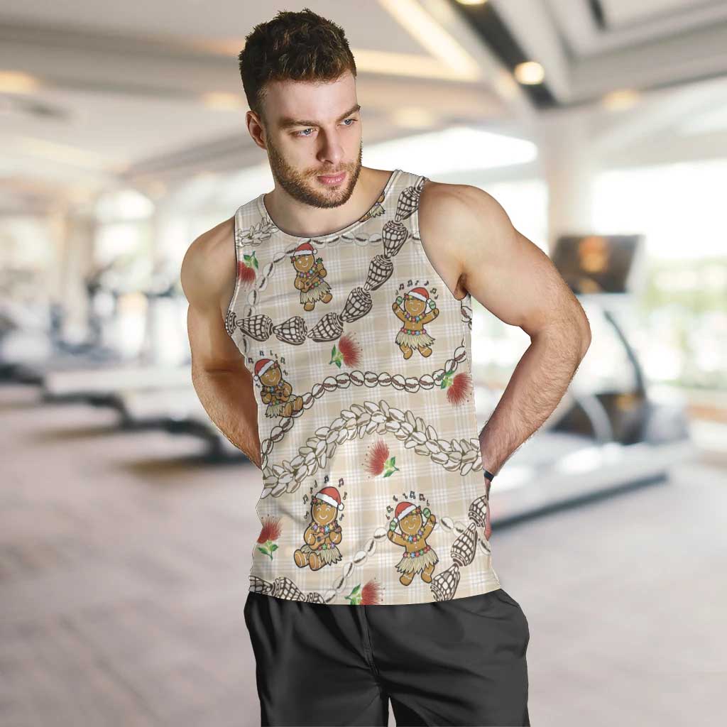Beige Palaka Hawaii Mele Kalikimaka Men Tank Top Ohia Lehua Shell Leis Funny Gingerbread Santa LT14 Beige - Polynesian Pride