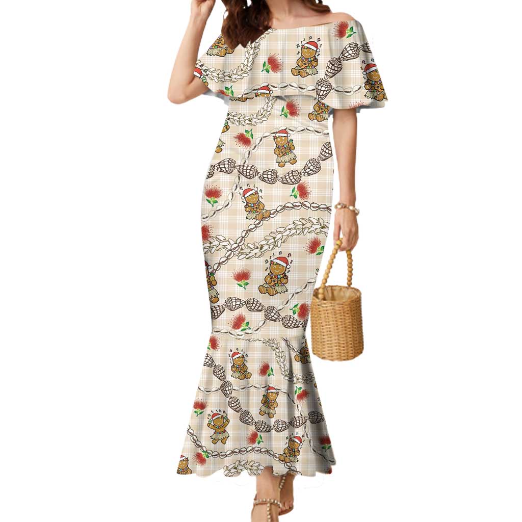 Beige Palaka Hawaii Mele Kalikimaka Mermaid Dress Ohia Lehua Shell Leis Funny Gingerbread Santa LT14 Women Beige - Polynesian Pride