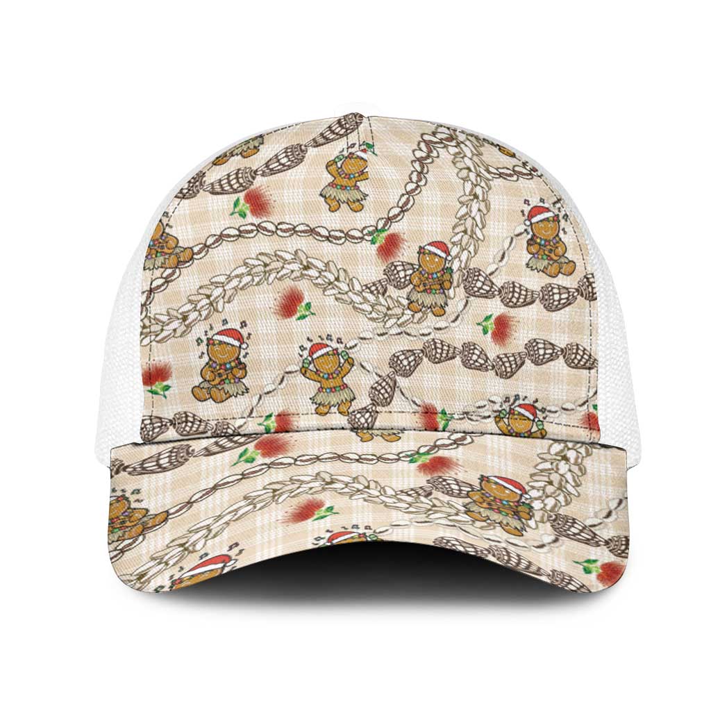 Beige Palaka Hawaii Mele Kalikimaka Mesh Trucker Cap Ohia Lehua Shell Leis Funny Gingerbread Santa LT14 One Size White Beige - Polynesian Pride