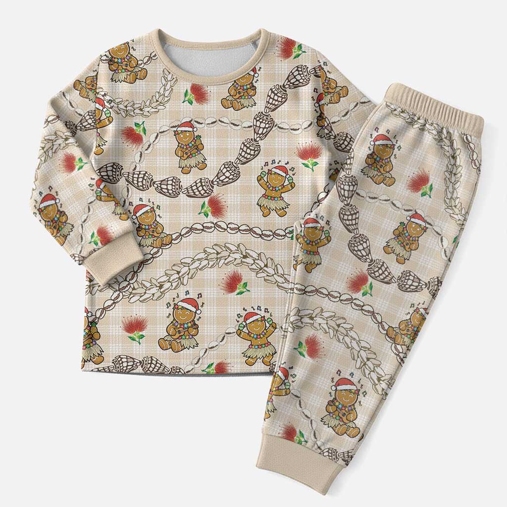Beige Palaka Hawaii Mele Kalikimaka Christmas Pajama Set Ohia Lehua Shell Leis Funny Gingerbread Santa LT14 Men Beige - Polynesian Pride
