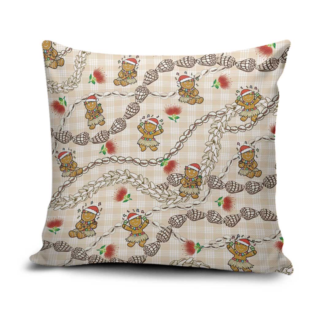 Beige Palaka Hawaii Mele Kalikimaka Pillow Cover Ohia Lehua Shell Leis Funny Gingerbread Santa LT14 Beige - Polynesian Pride