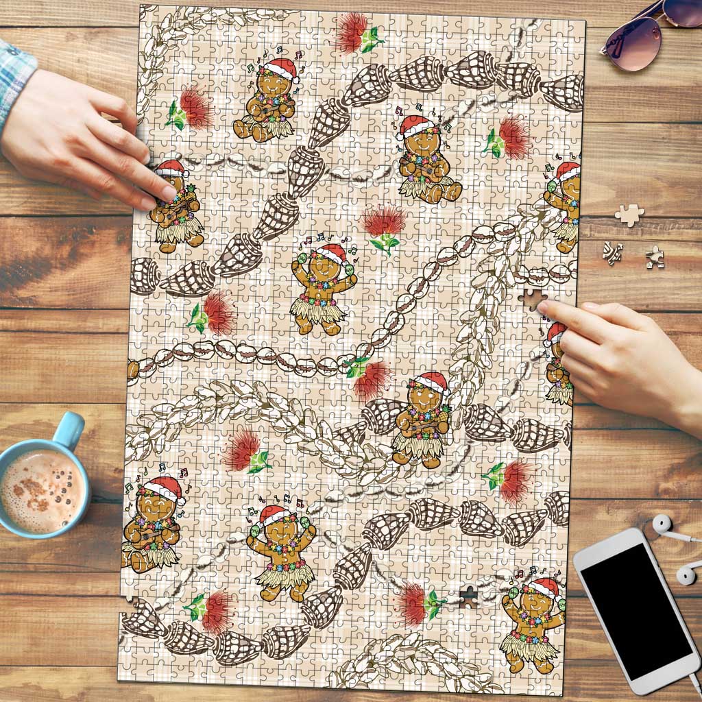 Beige Palaka Hawaii Mele Kalikimaka Puzzle Ohia Lehua Shell Leis Funny Gingerbread Santa LT14 Beige - Polynesian Pride