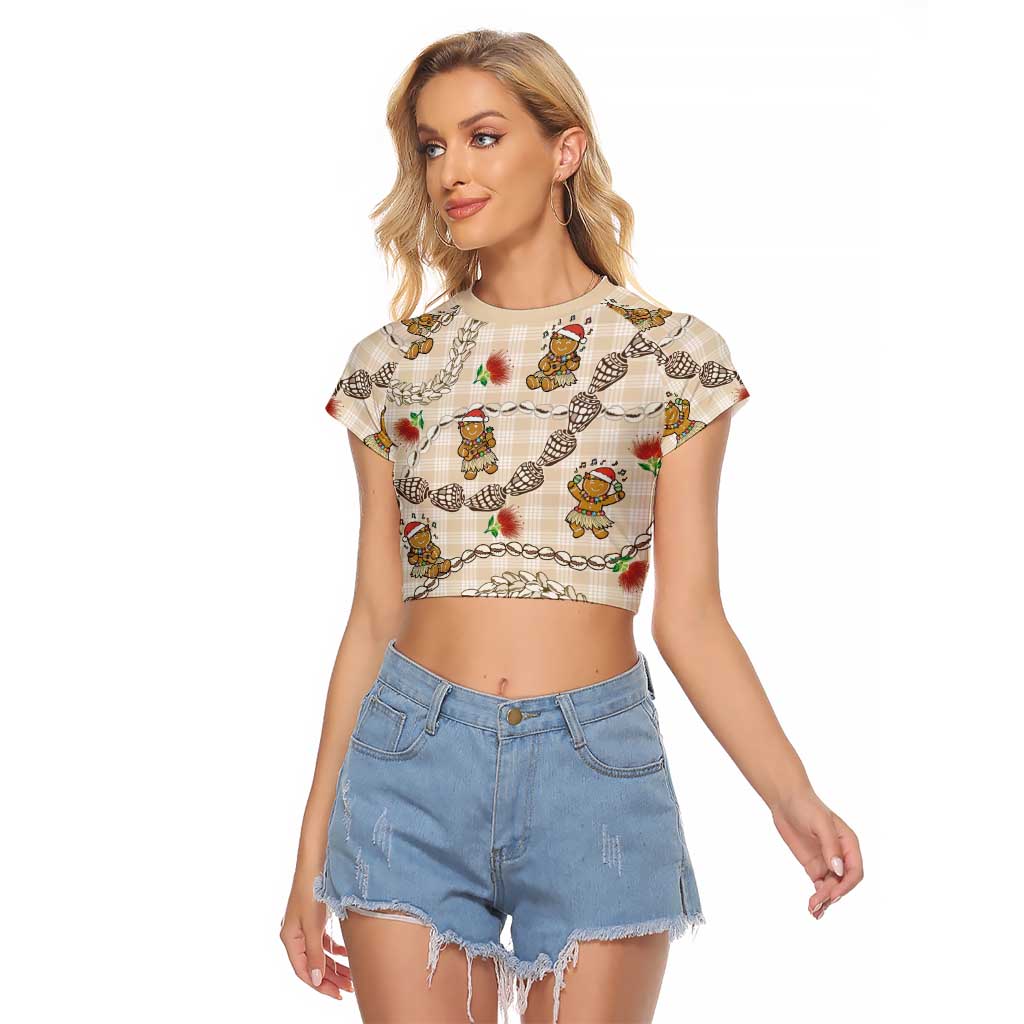 Beige Palaka Hawaii Mele Kalikimaka Raglan Cropped T Shirt Ohia Lehua Shell Leis Funny Gingerbread Santa LT14 Female Beige - Polynesian Pride
