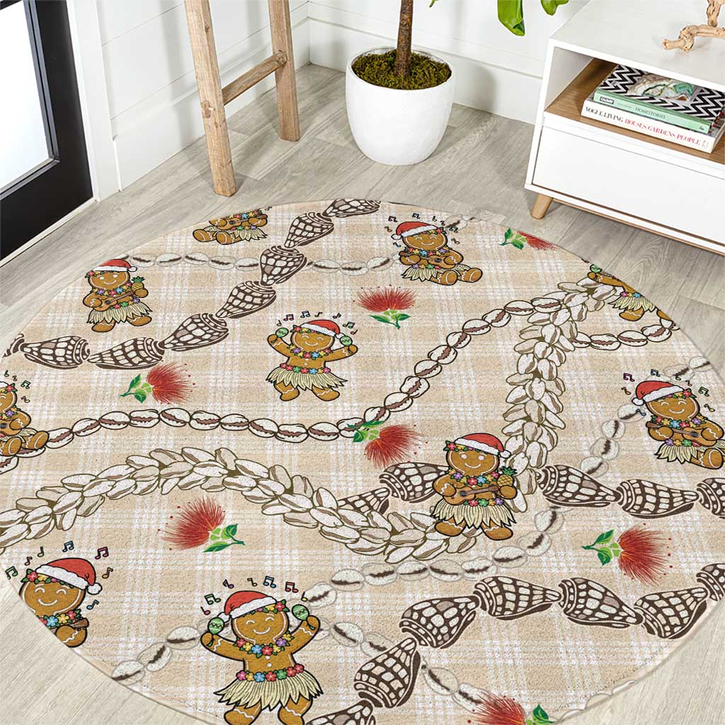 Beige Palaka Hawaii Mele Kalikimaka Round Carpet Ohia Lehua Shell Leis Funny Gingerbread Santa LT14 Beige - Polynesian Pride