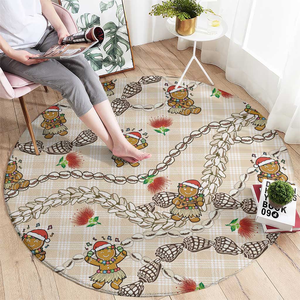 Beige Palaka Hawaii Mele Kalikimaka Round Carpet Ohia Lehua Shell Leis Funny Gingerbread Santa LT14 - Polynesian Pride