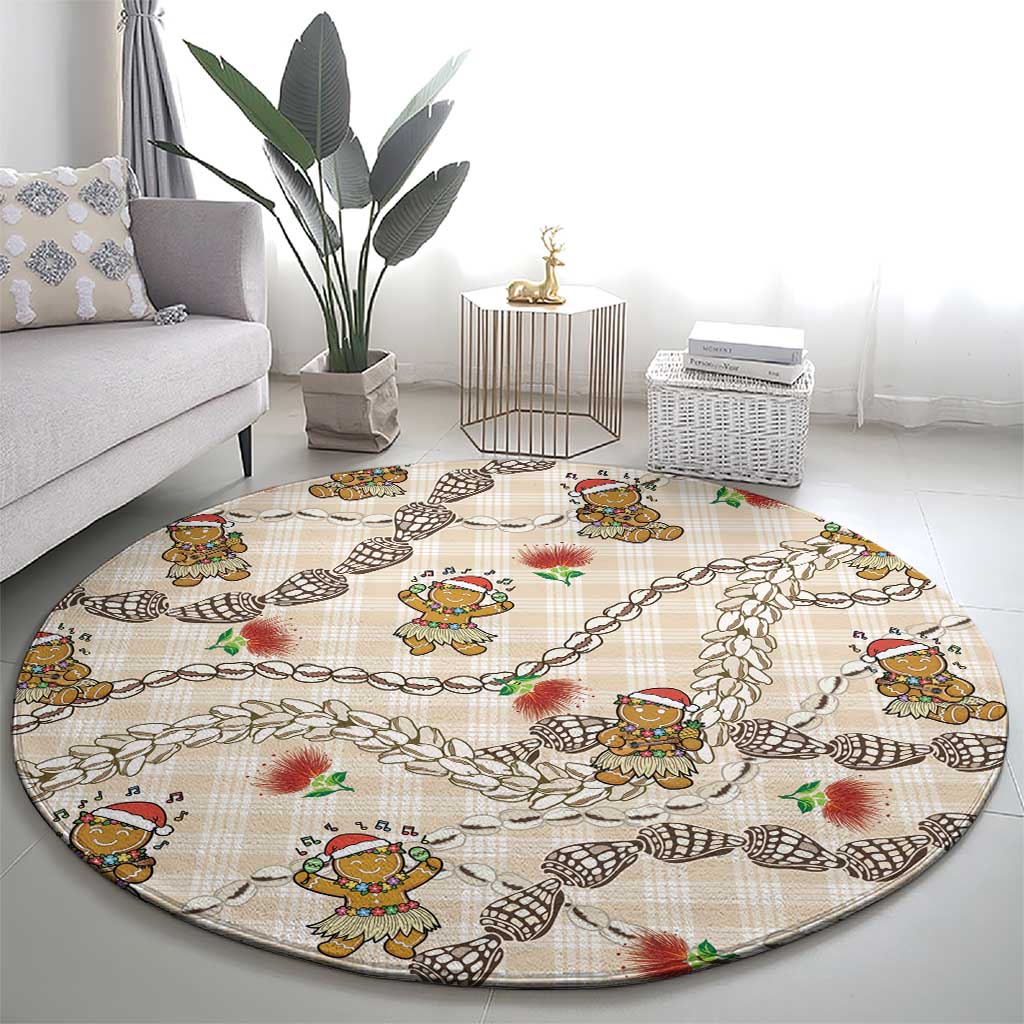 Beige Palaka Hawaii Mele Kalikimaka Round Carpet Ohia Lehua Shell Leis Funny Gingerbread Santa LT14 - Polynesian Pride
