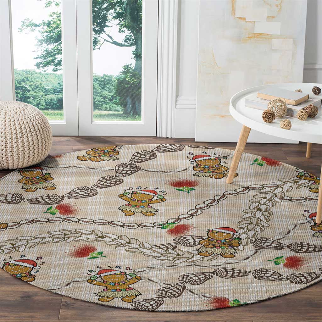 Beige Palaka Hawaii Mele Kalikimaka Round Carpet Ohia Lehua Shell Leis Funny Gingerbread Santa LT14 - Polynesian Pride