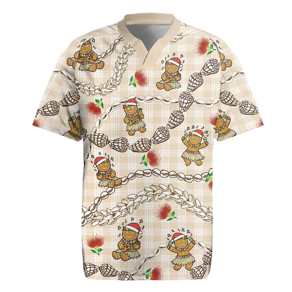 Beige Palaka Hawaii Mele Kalikimaka Rugby Jersey Ohia Lehua Shell Leis Funny Gingerbread Santa LT14 Beige - Polynesian Pride