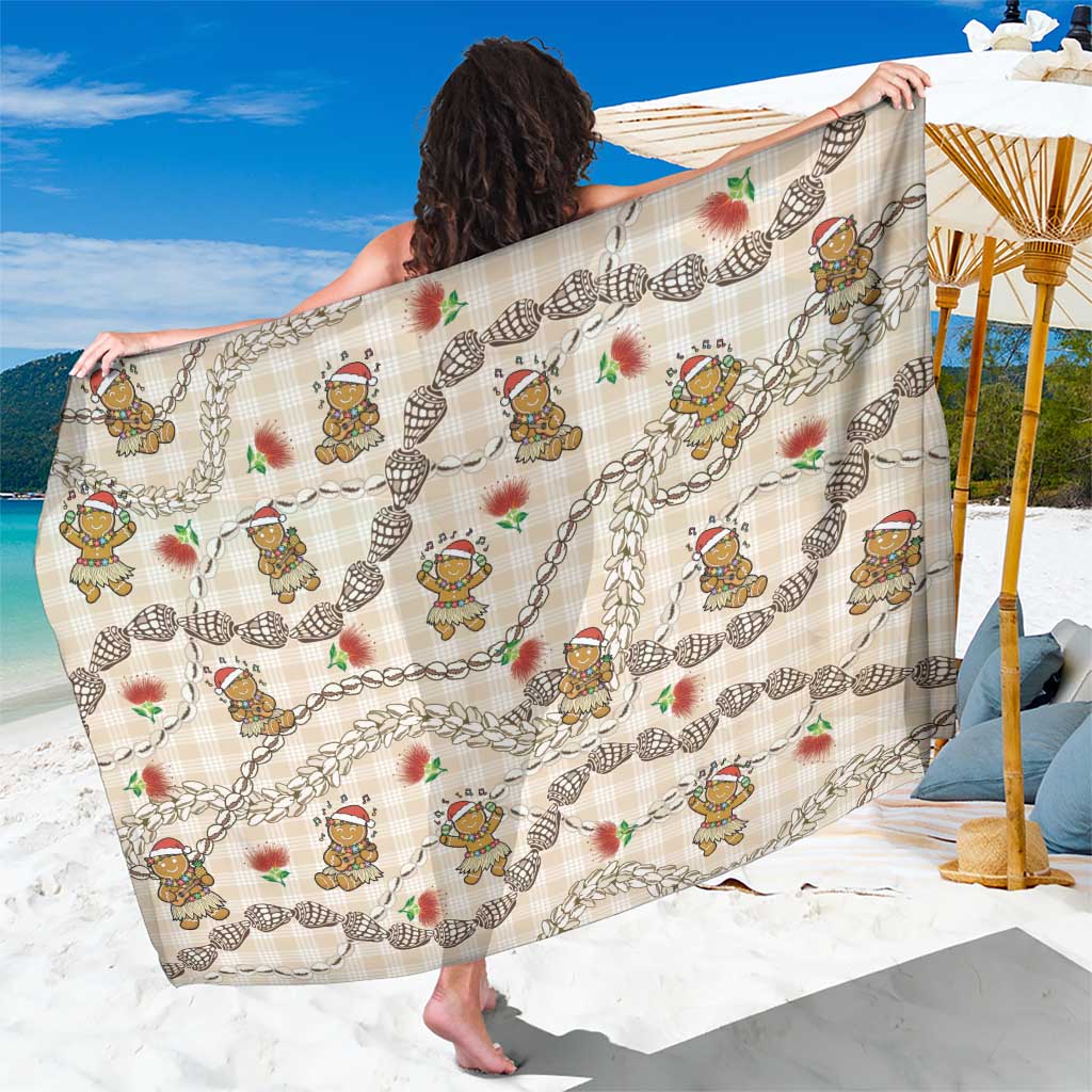 Beige Palaka Hawaii Mele Kalikimaka Sarong Ohia Lehua Shell Leis Funny Gingerbread Santa LT14 One Size 44 x 66 inches Beige - Polynesian Pride