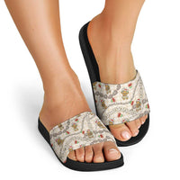 Beige Palaka Hawaii Mele Kalikimaka Slide Sandals Ohia Lehua Shell Leis Funny Gingerbread Santa LT14 - Polynesian Pride