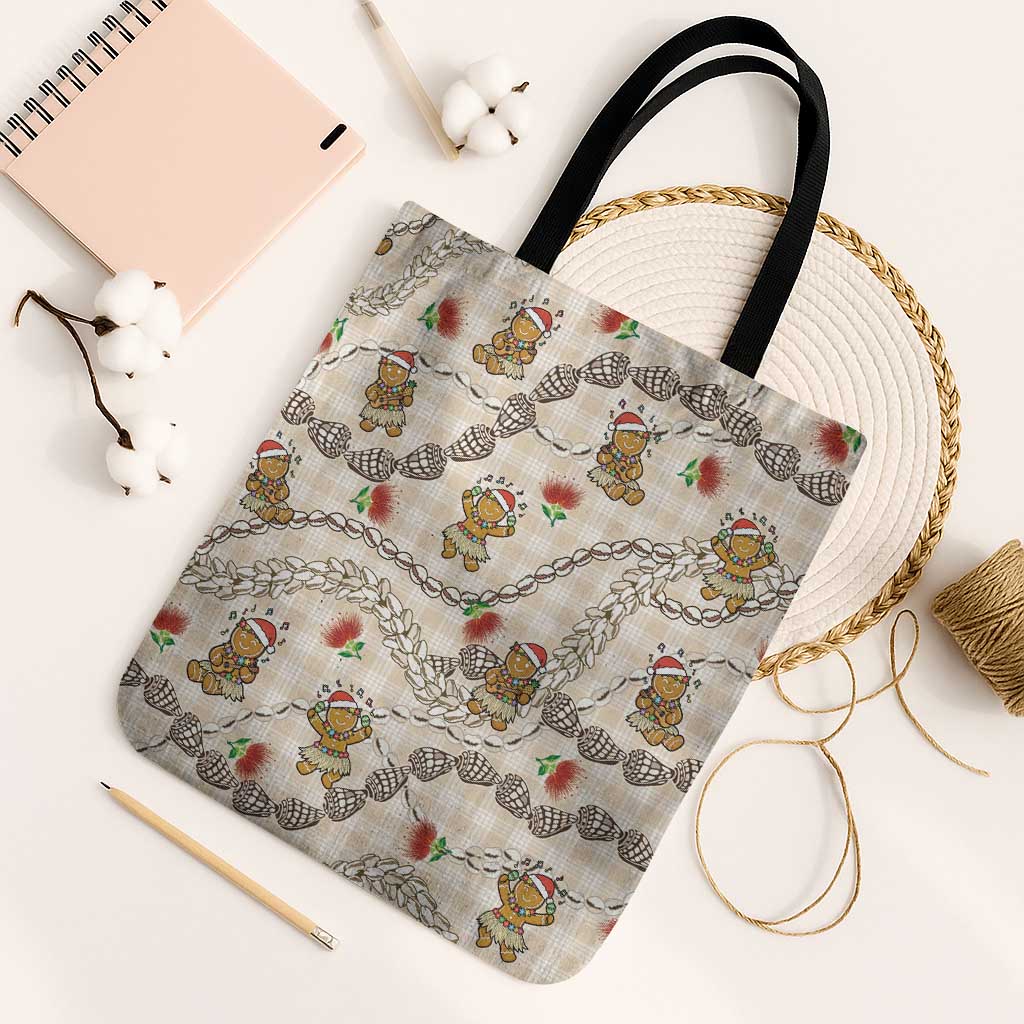 Beige Palaka Hawaii Mele Kalikimaka Tote Bag Ohia Lehua Shell Leis Funny Gingerbread Santa LT14 Black Strap One Size Beige - Polynesian Pride