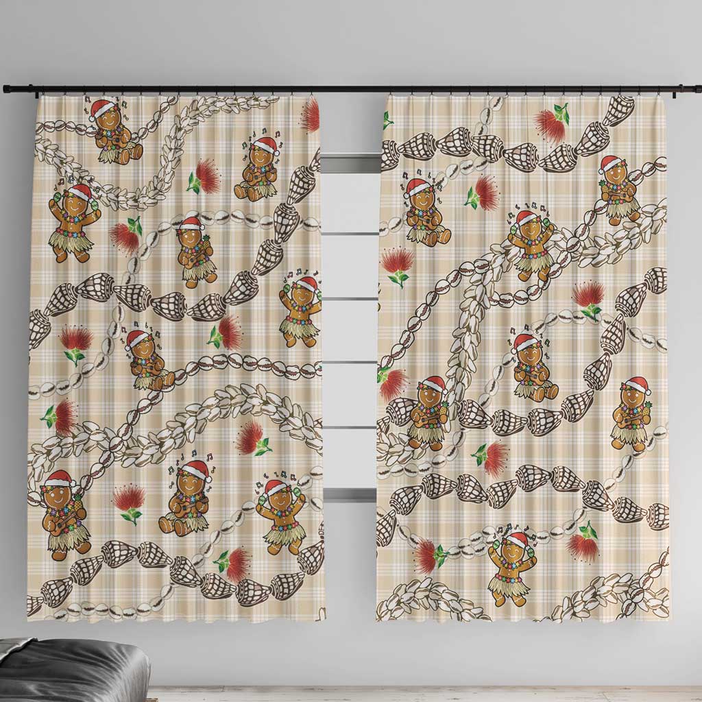 Beige Palaka Hawaii Mele Kalikimaka Window Curtain Ohia Lehua Shell Leis Funny Gingerbread Santa LT14 With Hooks Beige - Polynesian Pride