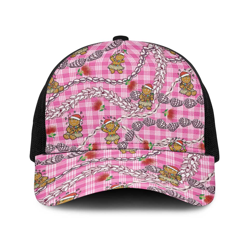 Pink Palaka Hawaii Mele Kalikimaka Baseball Net Cap Ohia Lehua Shell Leis Funny Gingerbread Santa LT14 One Size Black Pink - Polynesian Pride