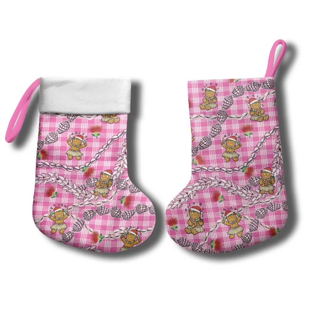 Pink Palaka Hawaii Mele Kalikimaka Christmas Stocking Ohia Lehua Shell Leis Funny Gingerbread Santa LT14 - Polynesian Pride