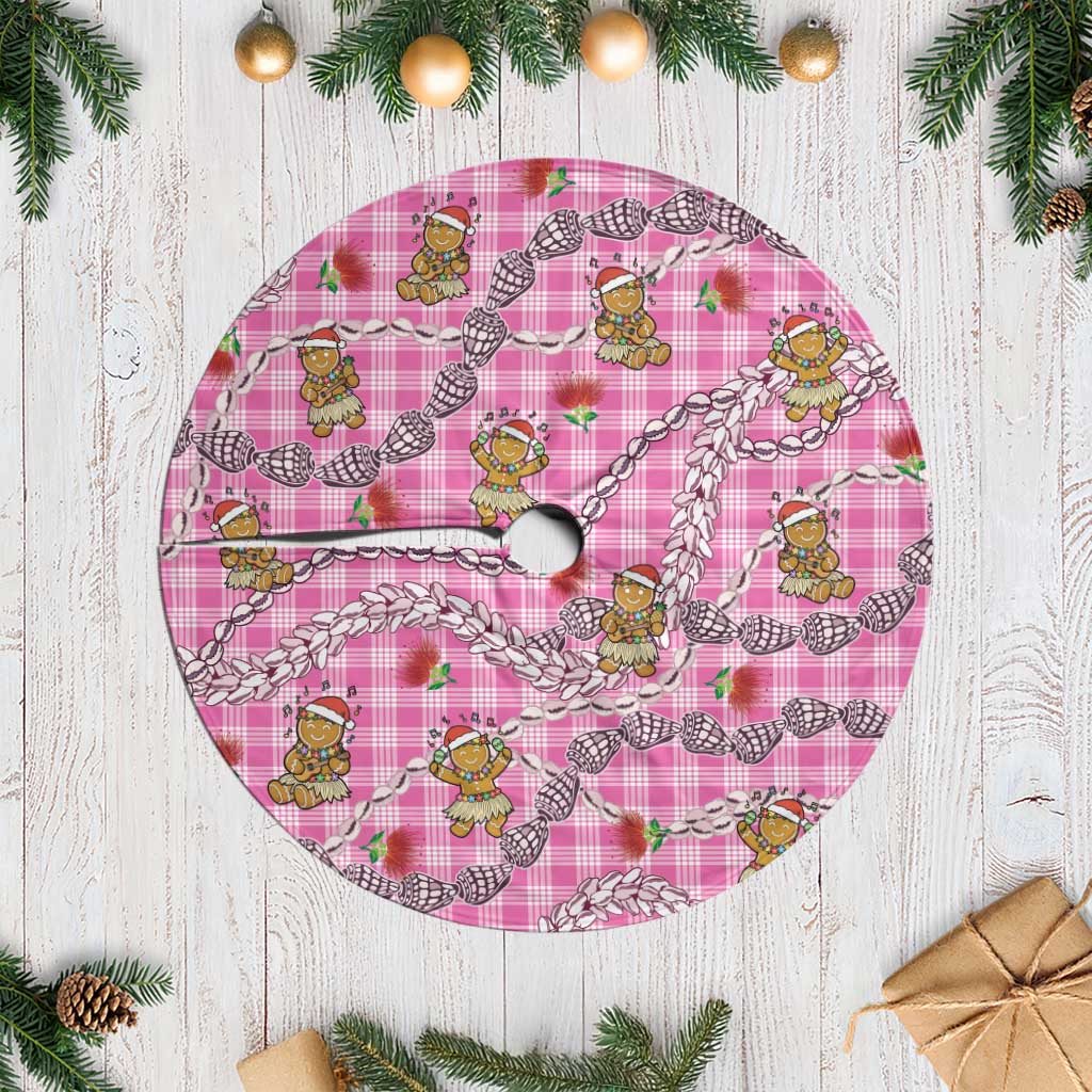 Pink Palaka Hawaii Mele Kalikimaka Tree Skirt Ohia Lehua Shell Leis Funny Gingerbread Santa LT14 Casual Pink - Polynesian Pride
