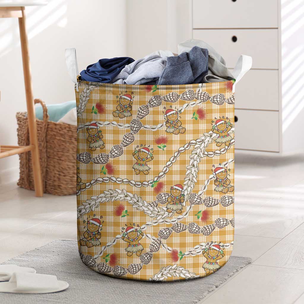 Gold Palaka Hawaii Mele Kalikimaka Laundry Basket Ohia Lehua Shell Leis Funny Gingerbread Santa LT14 Gold - Polynesian Pride