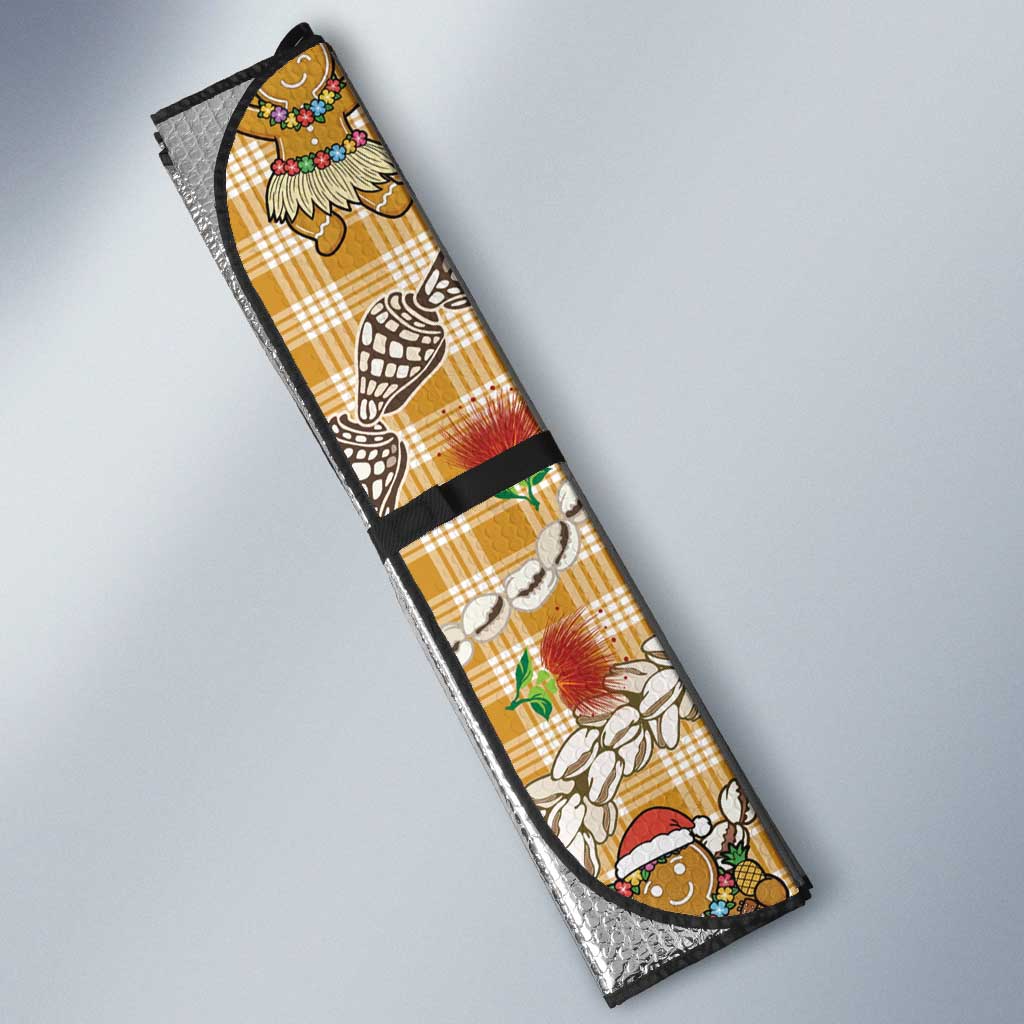 Gold Palaka Hawaii Mele Kalikimaka Auto Sun Shade Ohia Lehua Shell Leis Funny Gingerbread Santa LT14 - Polynesian Pride