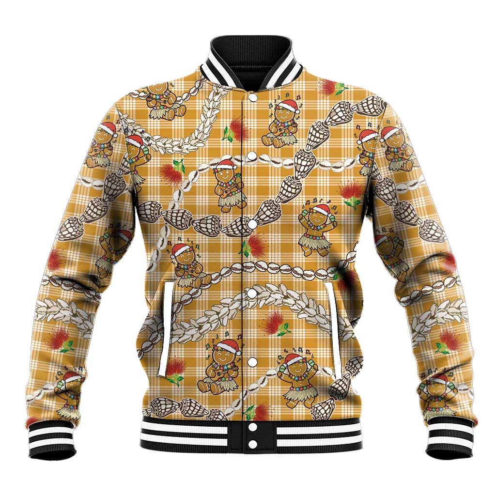 Gold Palaka Hawaii Mele Kalikimaka Baseball Jacket Ohia Lehua Shell Leis Funny Gingerbread Santa LT14 Unisex Gold - Polynesian Pride