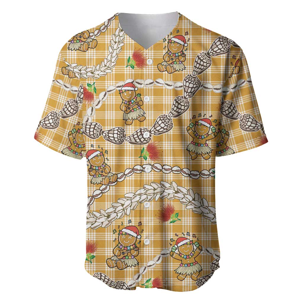 Gold Palaka Hawaii Mele Kalikimaka Baseball Jersey Ohia Lehua Shell Leis Funny Gingerbread Santa LT14 Gold - Polynesian Pride