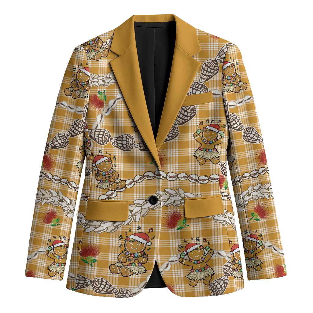 Gold Palaka Hawaii Mele Kalikimaka Blazer Ohia Lehua Shell Leis Funny Gingerbread Santa LT14 Unisex Gold - Polynesian Pride