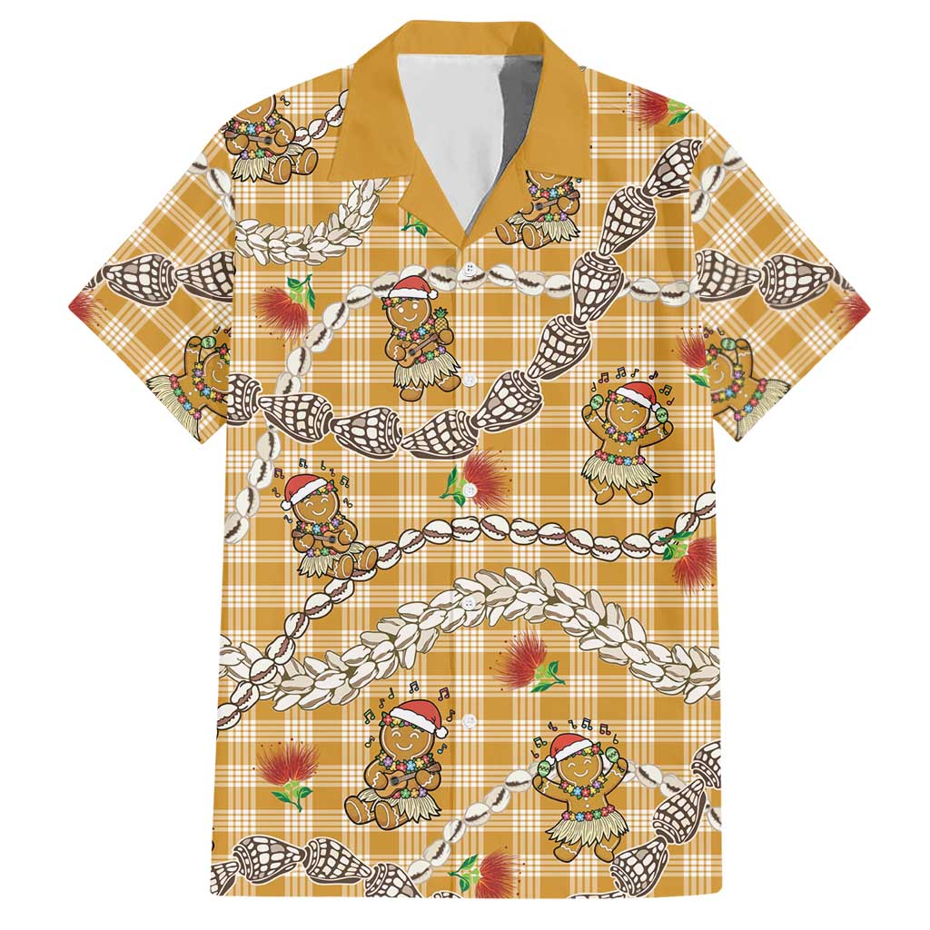 Gold Palaka Hawaii Mele Kalikimaka Hawaiian Shirt Ohia Lehua Shell Leis Funny Gingerbread Santa LT14 Gold - Polynesian Pride