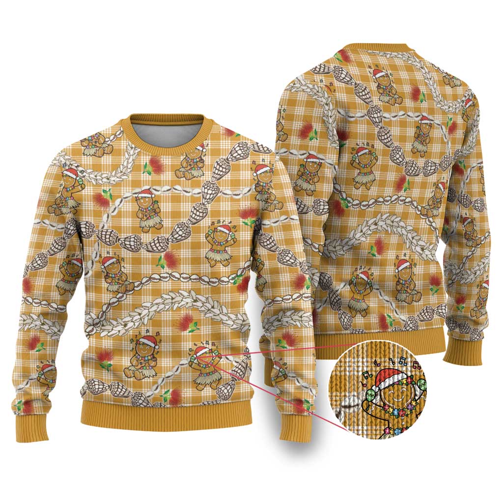 Gold Palaka Hawaii Mele Kalikimaka Ugly Christmas Sweater Ohia Lehua Shell Leis Funny Gingerbread Santa LT14 Gold - Polynesian Pride