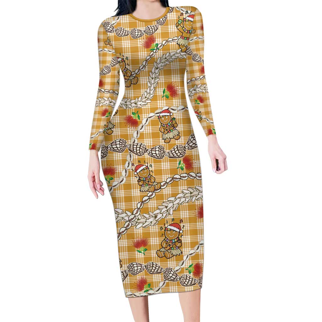 Gold Palaka Hawaii Mele Kalikimaka Long Sleeve Bodycon Dress Ohia Lehua Shell Leis Funny Gingerbread Santa LT14 Long Dress Gold - Polynesian Pride
