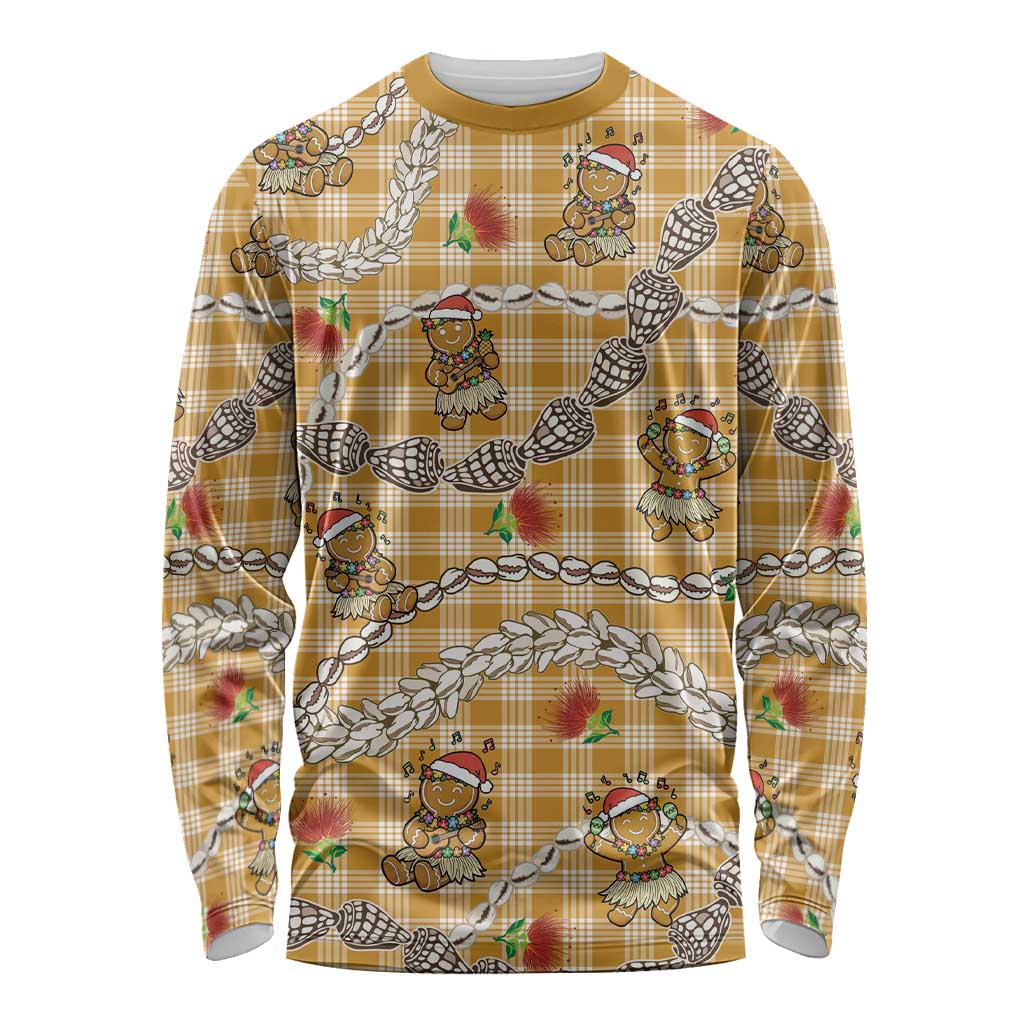 Gold Palaka Hawaii Mele Kalikimaka Long Sleeve Shirt Ohia Lehua Shell Leis Funny Gingerbread Santa LT14 Unisex Gold - Polynesian Pride