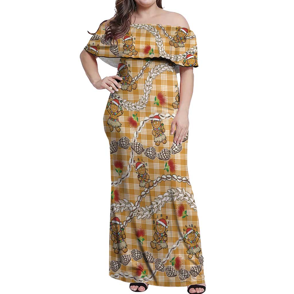 Gold Palaka Hawaii Mele Kalikimaka Off Shoulder Maxi Dress Ohia Lehua Shell Leis Funny Gingerbread Santa LT14 Women Gold - Polynesian Pride