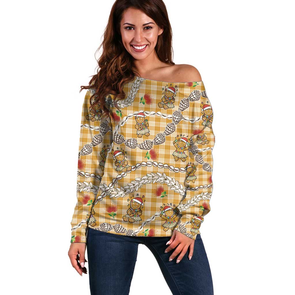 Gold Palaka Hawaii Mele Kalikimaka Off Shoulder Sweater Ohia Lehua Shell Leis Funny Gingerbread Santa LT14 Women Gold - Polynesian Pride