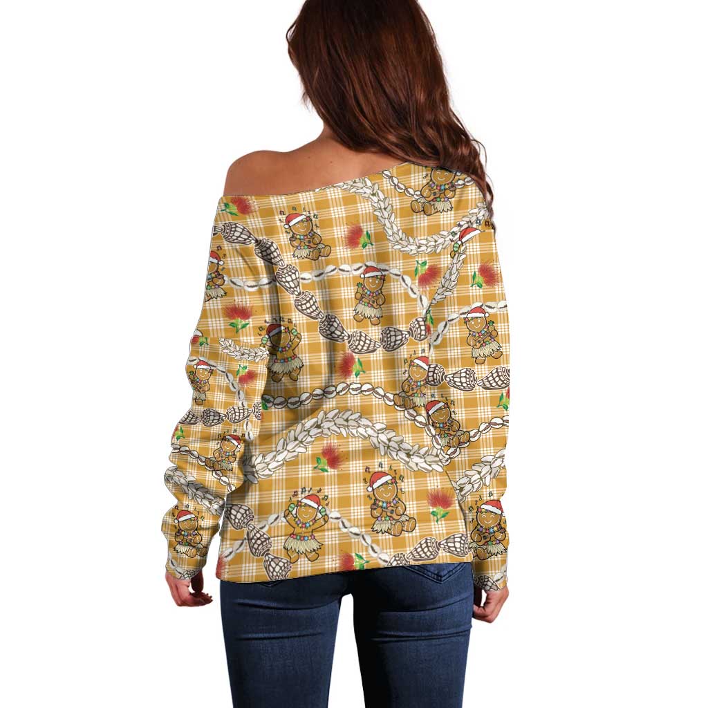 Gold Palaka Hawaii Mele Kalikimaka Off Shoulder Sweater Ohia Lehua Shell Leis Funny Gingerbread Santa LT14 - Polynesian Pride