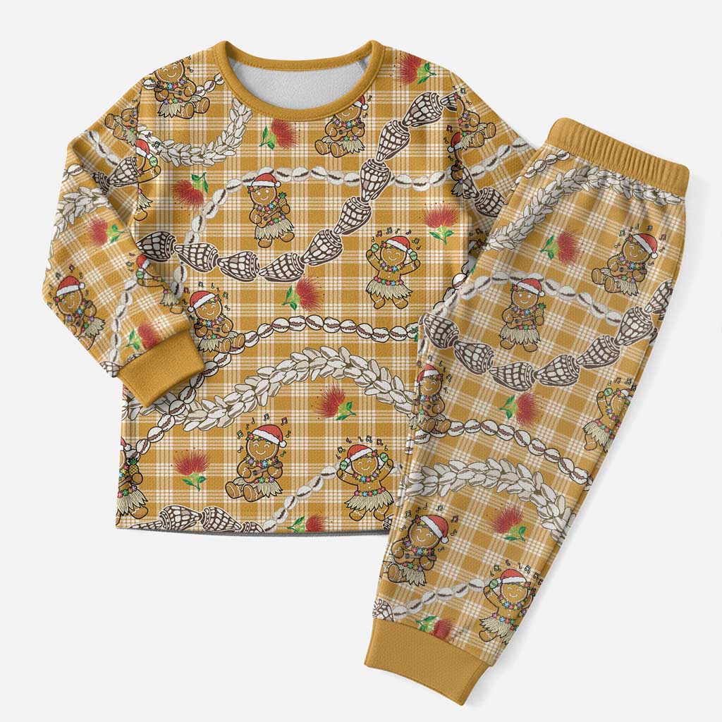 Gold Palaka Hawaii Mele Kalikimaka Christmas Pajama Set Ohia Lehua Shell Leis Funny Gingerbread Santa LT14 Men Gold - Polynesian Pride