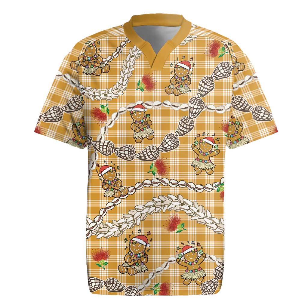 Gold Palaka Hawaii Mele Kalikimaka Rugby Jersey Ohia Lehua Shell Leis Funny Gingerbread Santa LT14 Gold - Polynesian Pride
