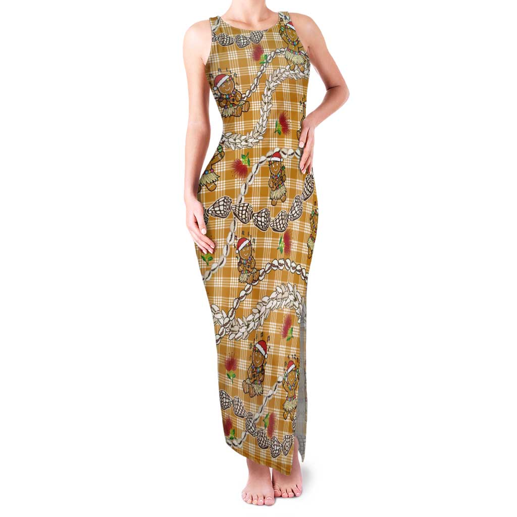 Gold Palaka Hawaii Mele Kalikimaka Tank Maxi Dress Ohia Lehua Shell Leis Funny Gingerbread Santa LT14 Women Gold - Polynesian Pride