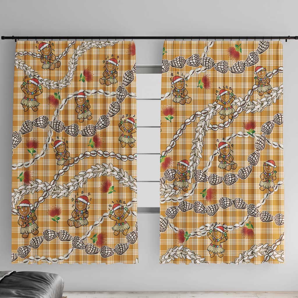 Gold Palaka Hawaii Mele Kalikimaka Window Curtain Ohia Lehua Shell Leis Funny Gingerbread Santa LT14 With Hooks Gold - Polynesian Pride