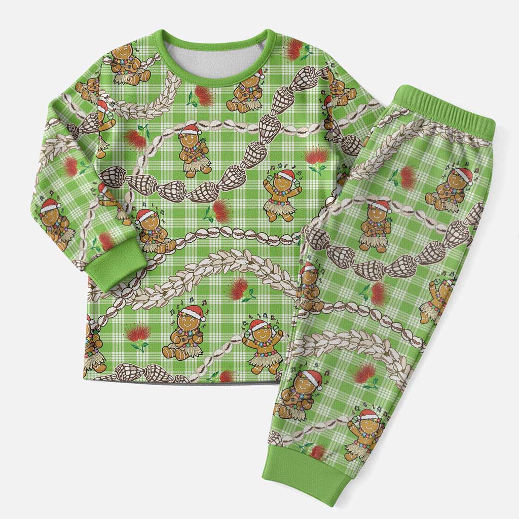 Green Palaka Hawaii Mele Kalikimaka Christmas Pajama Set - Ohia Lehua Shell Leis Funny Gingerbread Santa LT14 Men Green - Polynesian Pride